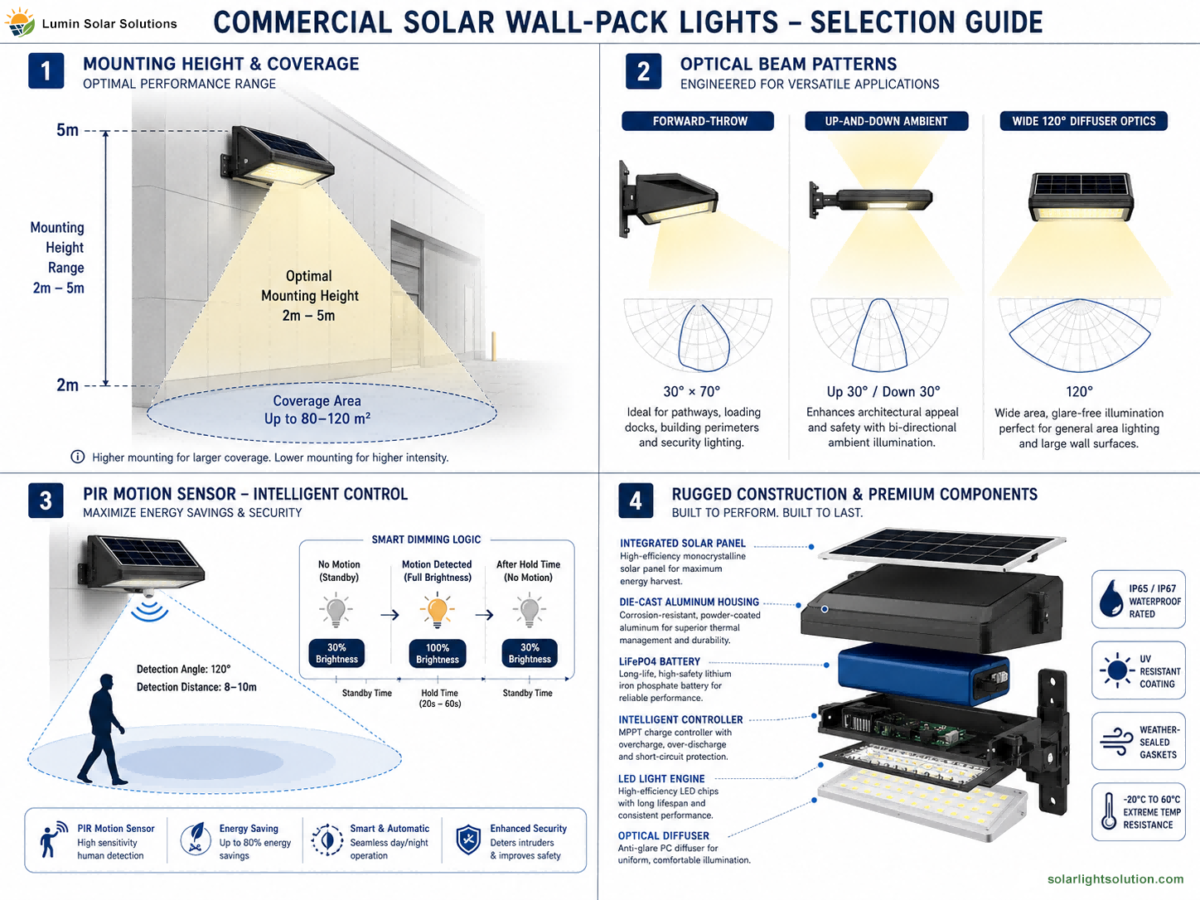 Technical 4-quadrant selection guide diagram for commercial solar wall-pack lights covering mounting height, beam distribution, motion sensing, and IP65 housing.