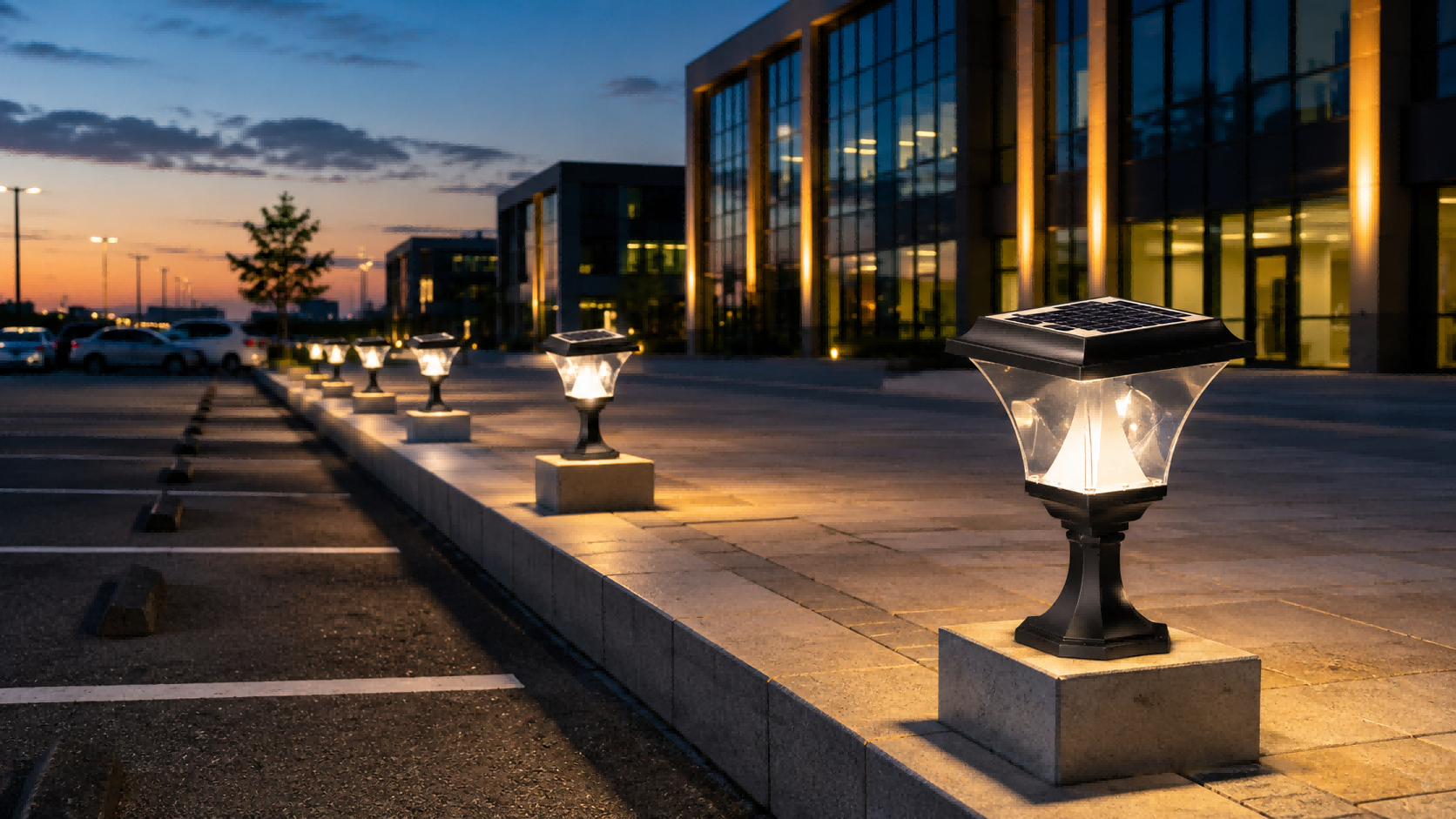 Heavy-duty square solar pillar lights bolt-mounted on raised concrete plinths along a modern corporate office campus parking access path at dusk.
