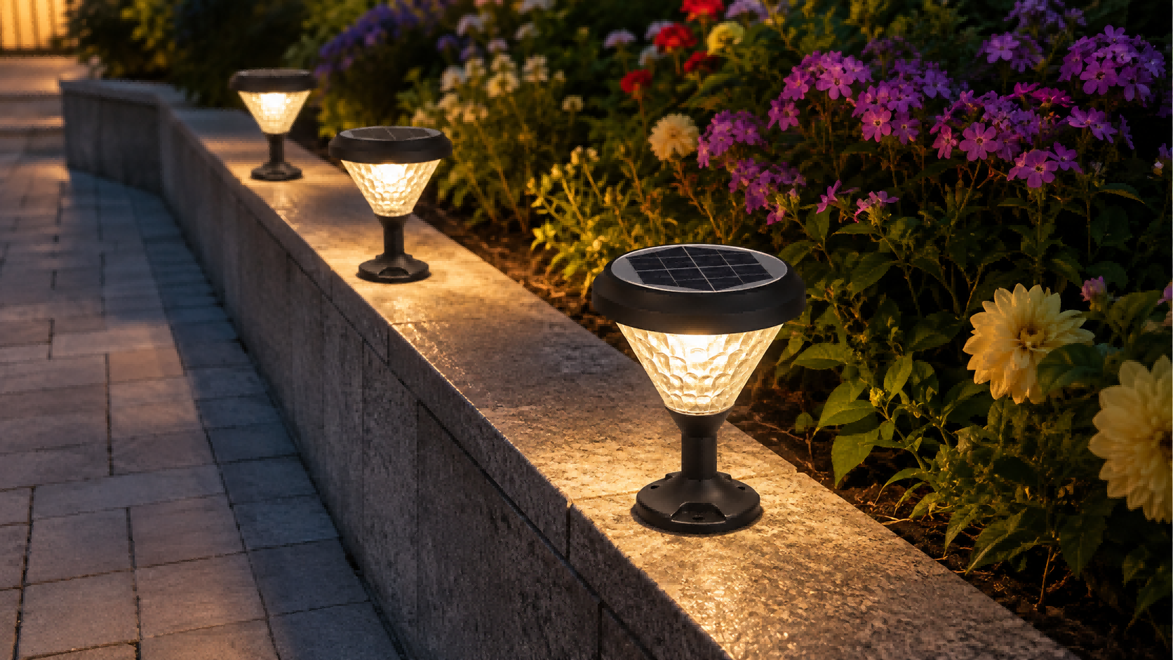 Compact solar mini pillar light with ripple optical diffuser bolt-mounted on a granite retaining wall curb along a manicured garden flower bed at dusk.