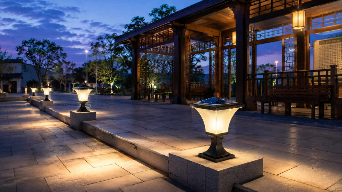 Heavy-duty square solar pillar lights surface-mounted on raised stone plinths along a paved park plaza near a wooden garden pavilion at dusk.