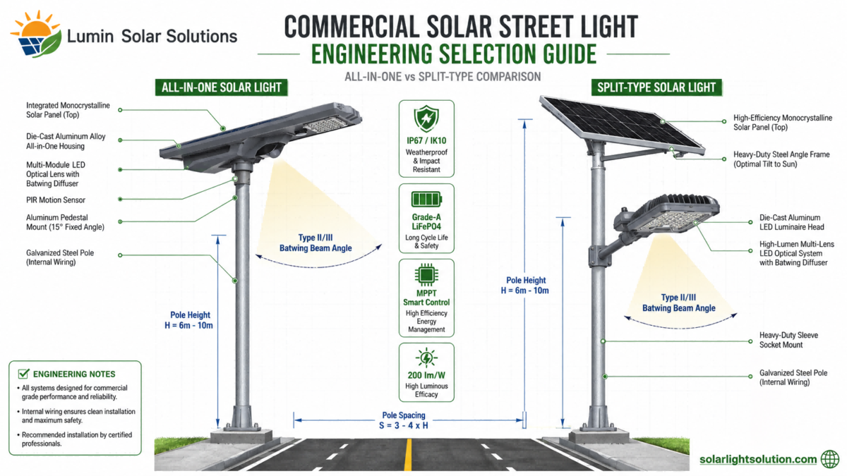Technical infographic diagram comparing Nova All-in-One and Split-Type commercial solar street lights for municipal roadway selection.