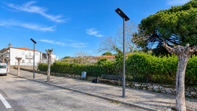 Row of Nova Series solar street light poles lining a rural agricultural farm road in Uruguay.