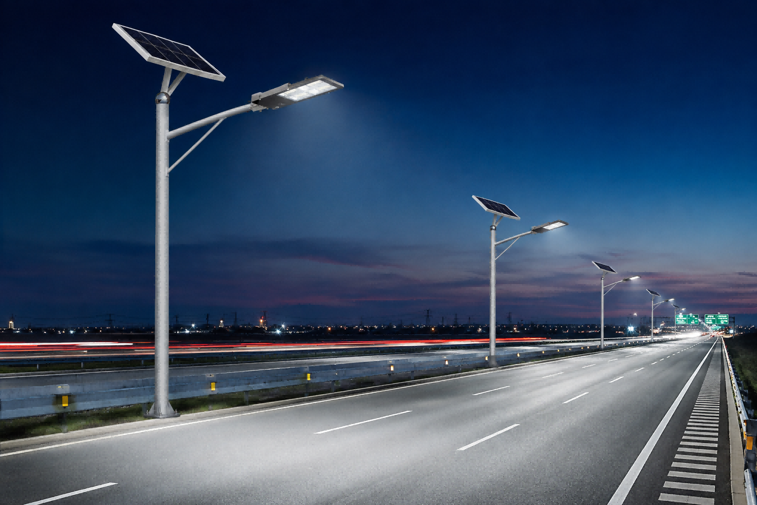 High-power NVKZ-AL-SM-SP split solar street lights illuminating a multi-lane highway thoroughfare at twilight.