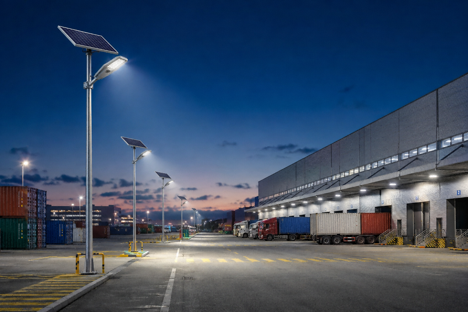 Long-range NVJMXJ-90X split solar street light illuminating a logistics park and container freight yard at night.