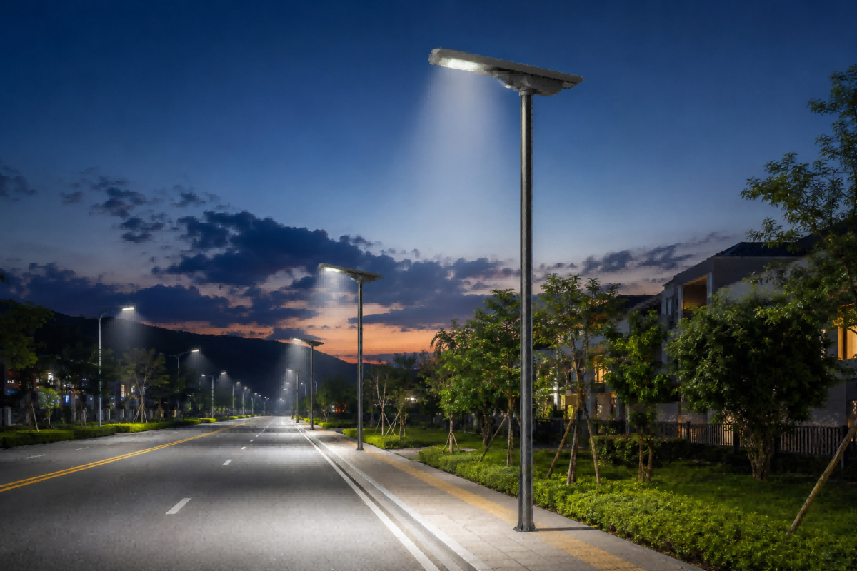 Municipal road illuminated by Nova NVJMSSO-X00 all-in-one solar street lights along a suburban sidewalk at dusk.