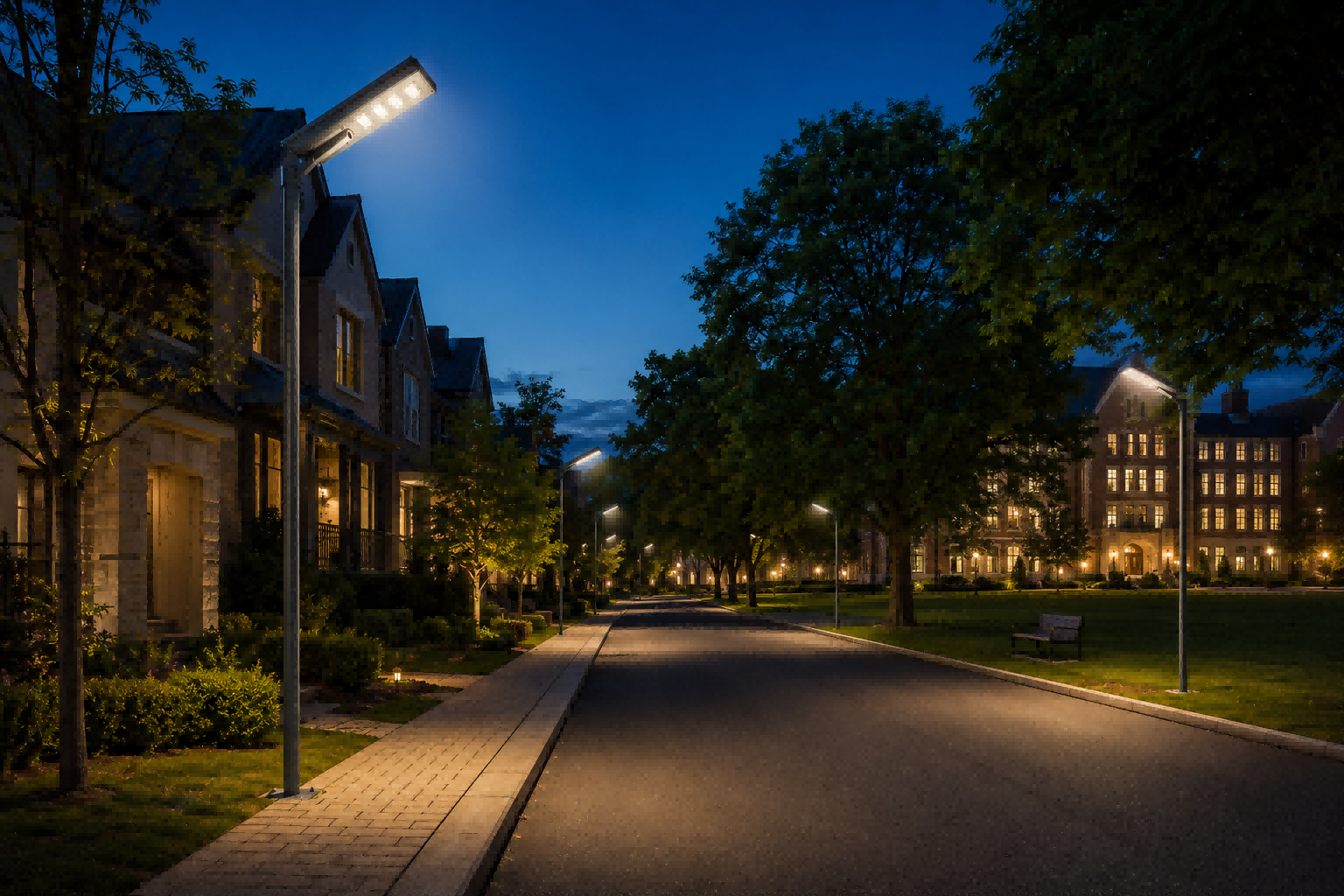 Glare-free NVKZ-AL-MM-AI solar street lights along a residential street and university campus park pathway.