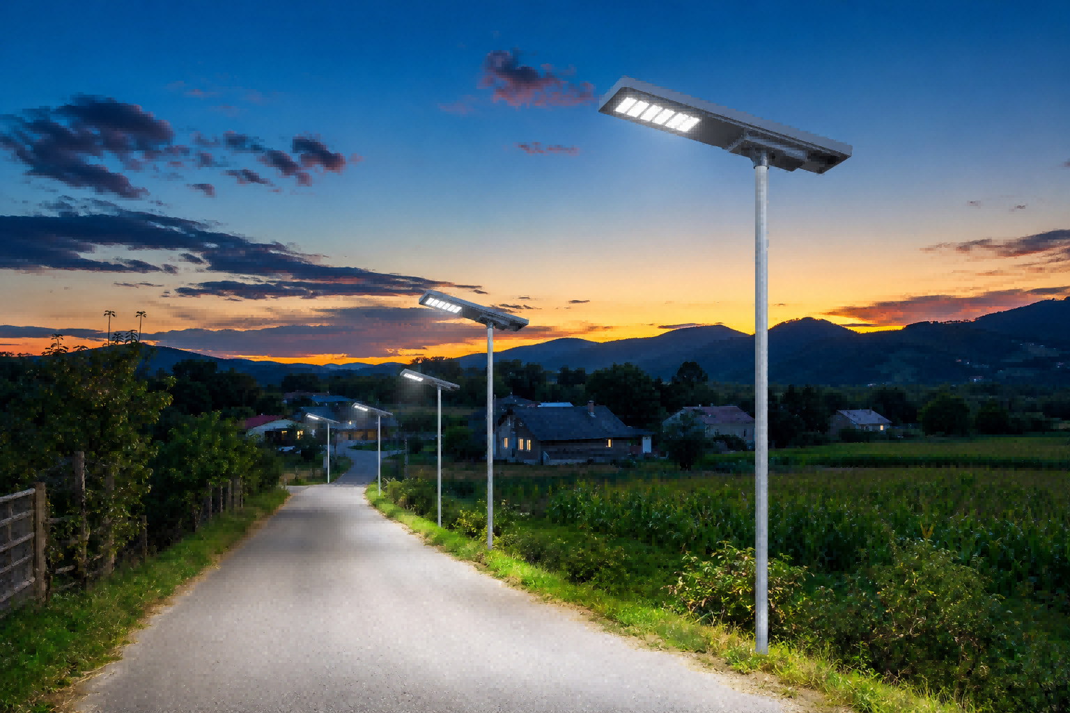 Off-grid NVKZ-AS-SM solar street light with oversized solar panel along a paved rural country road at sunset.
