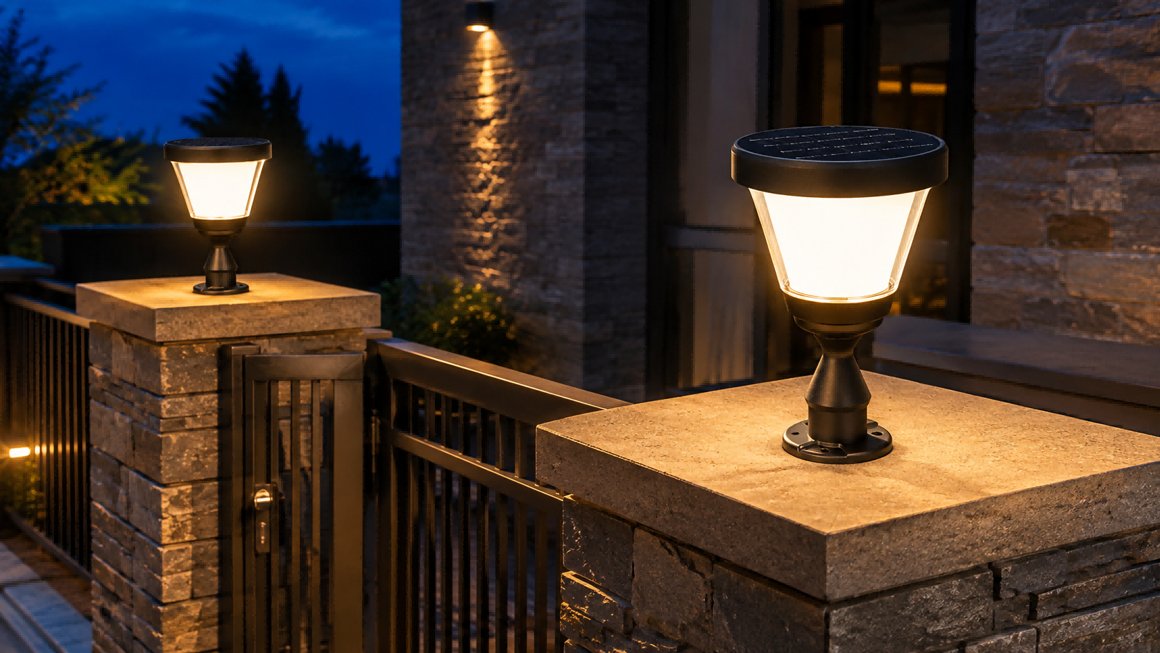 Heavy-duty compact solar pillar lights bolt-mounted on stone gate pillar caps along a modern residential perimeter fence at twilight.
