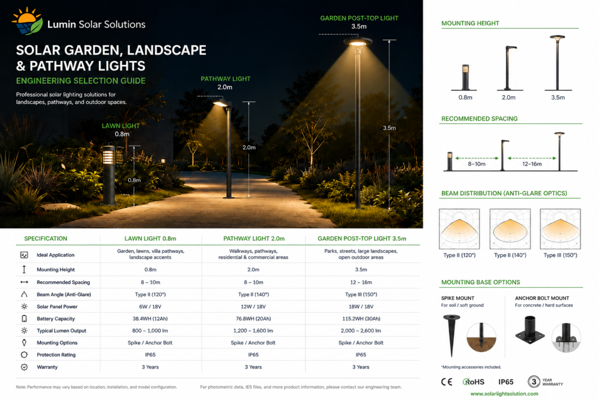 Engineering selection guide diagram for solar garden, lawn, and pathway lights comparing mounting heights, spacing distances, beam optics, and mounting base options.