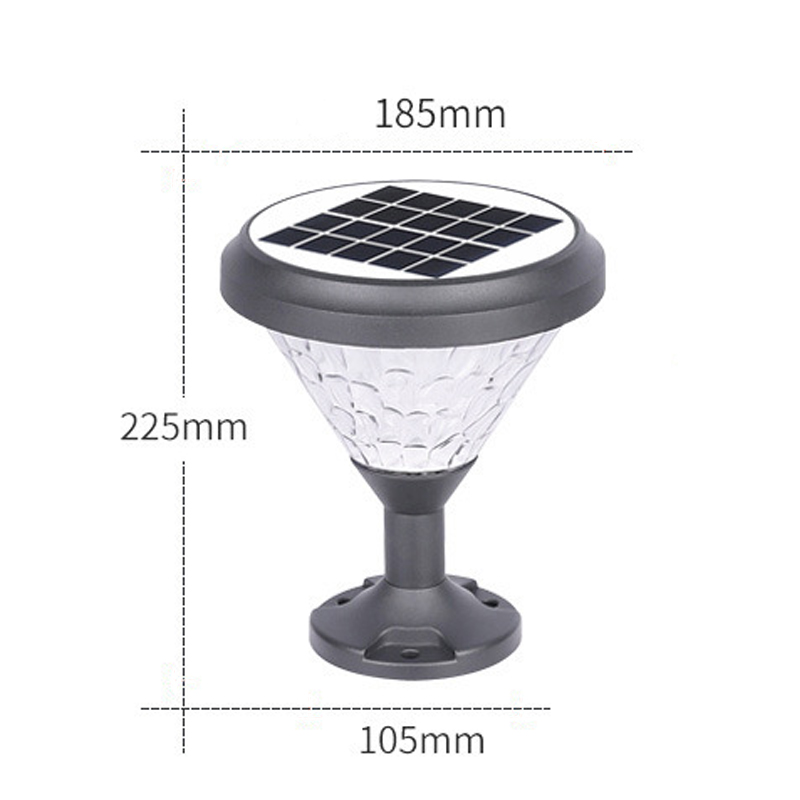 Lumin CYCZ-0907 Ripple-Pattern Solar Pillar Light (Φ185x225mm) features 360° ripple optics, 2W IP65 for gate posts.