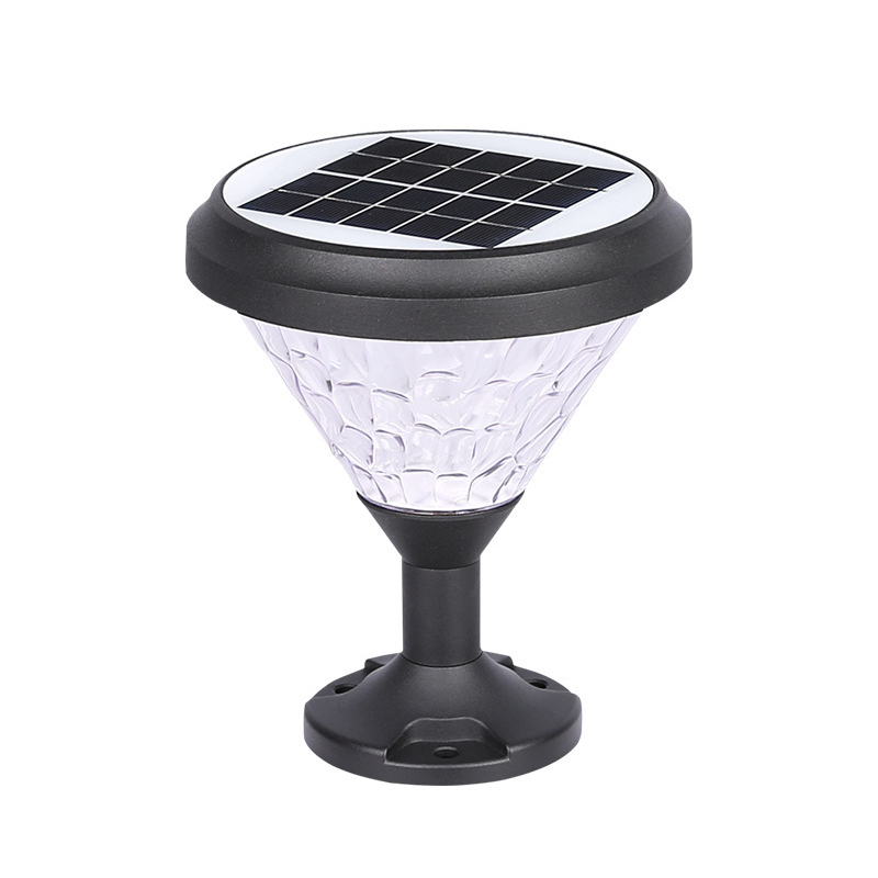 Lumin CYCZ-0907 Ripple-Pattern Solar Pillar Light features 360° ripple optics, 2W IP65 for courtyard gate posts.
