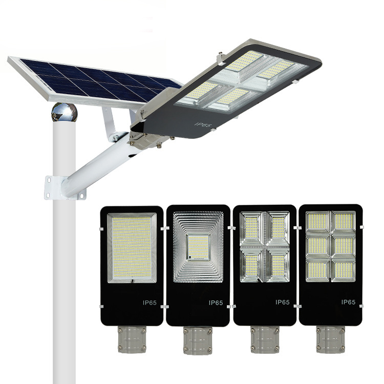 Lumin high-density LED array split solar street light NVKZ-AL-SM-SP complete system with pole & arm, showcasing 1/2/4/6 LED array options.
