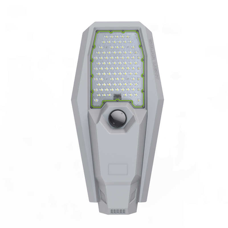 Lumin patented split solar street light NVJM-XJ die-cast aluminum luminaire head with SMD5050 LEDs and PIR sensor.