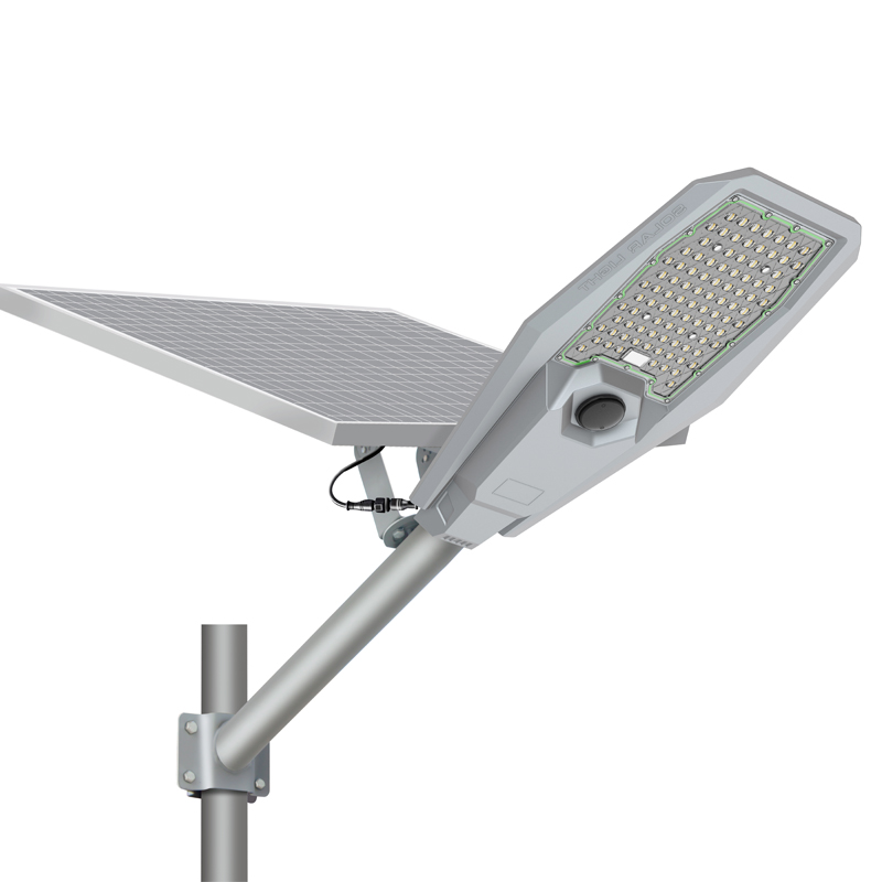Lumin Solar Solutions patented split solar street light NVJM-XJ with integrated outreach arm, LiFePO4, and IP65.