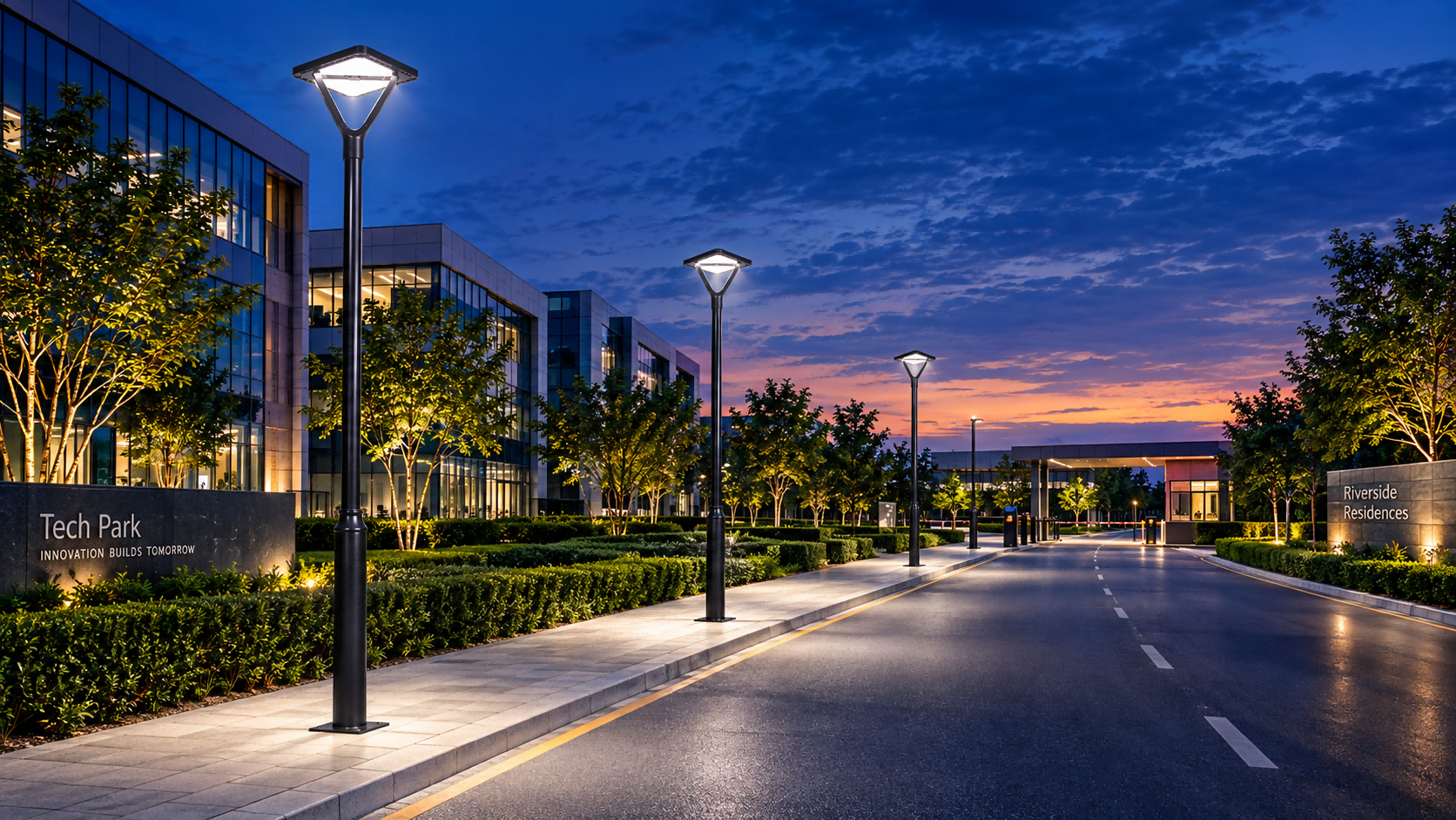 Heavy-duty geometric solar post-top light GLCZ-2403 illuminating a commercial office park roadway and residential community perimeter at dusk.