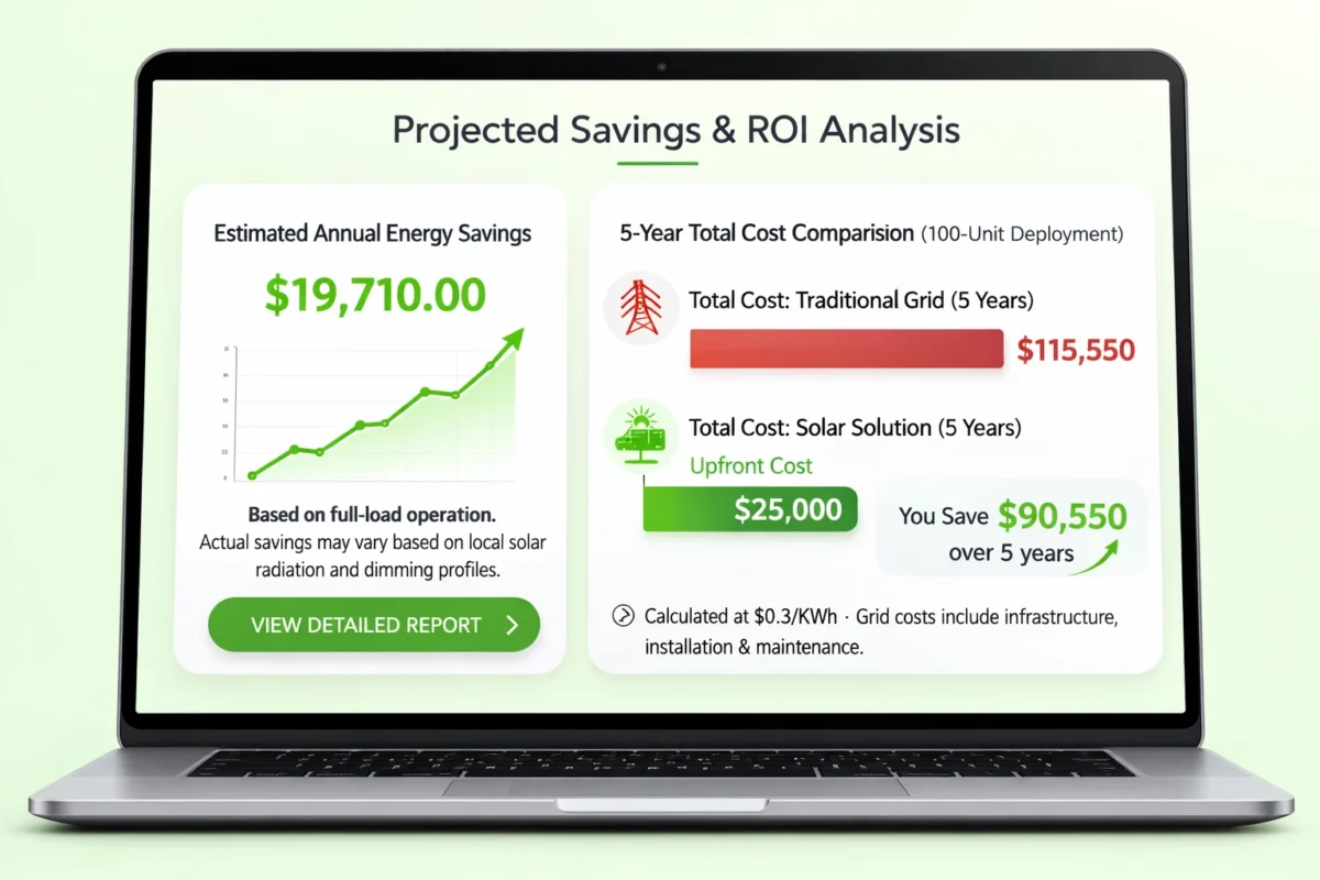 Laptop screen showing a 5-year ROI analysis comparing 100-unit commercial solar lighting ($25,000) against traditional grid power ($115,550), demonstrating $90,550 in long-term savings by Lumin Solar Solutions.