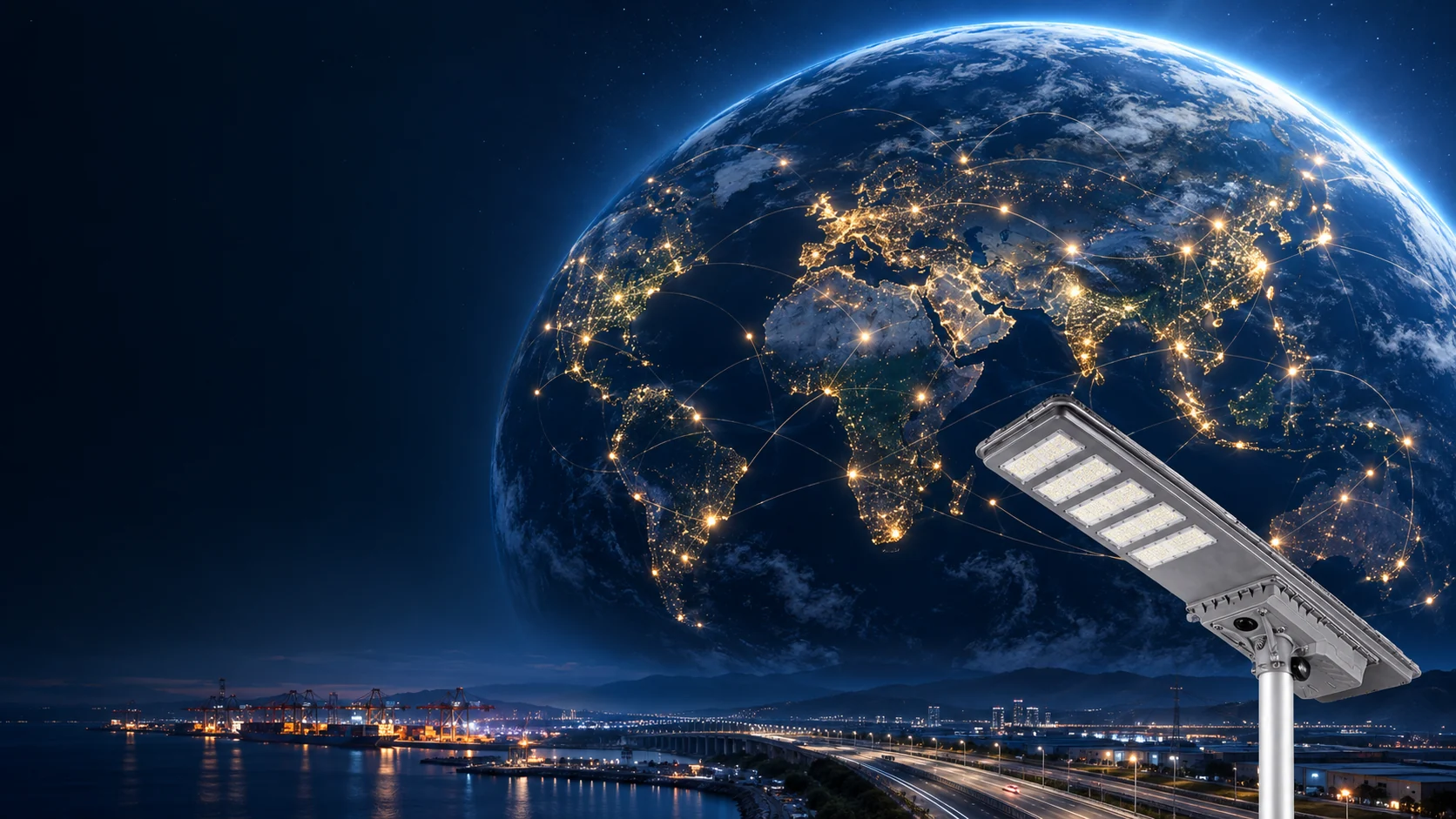 Illuminated global map with connected project nodes and commercial solar street light luminaire representing 1,000+ installations across 42+ countries.