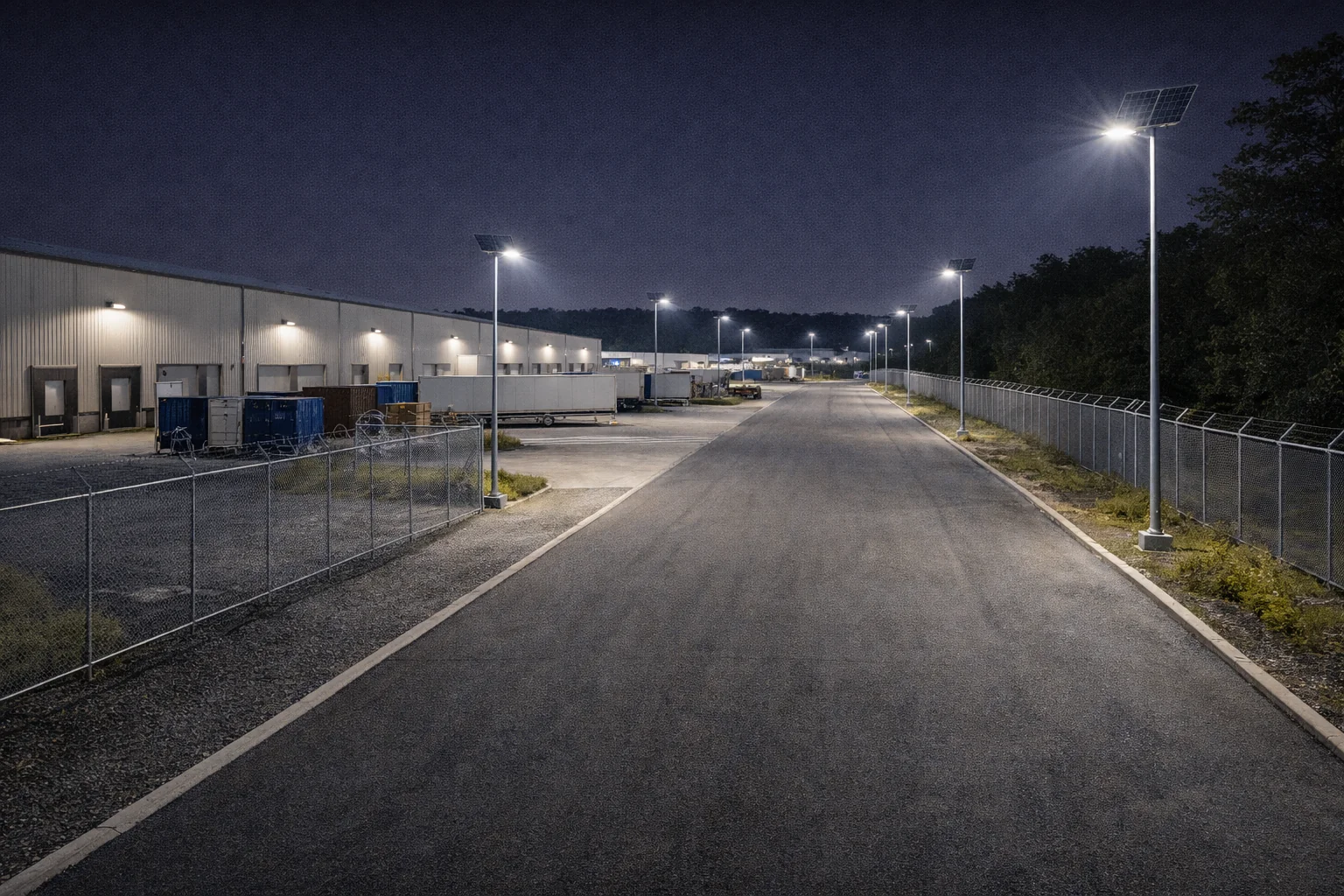 Industrial park perimeter security wall and logistics facility illuminated by Lumin Solar Solutions heavy-duty solar flood lights.