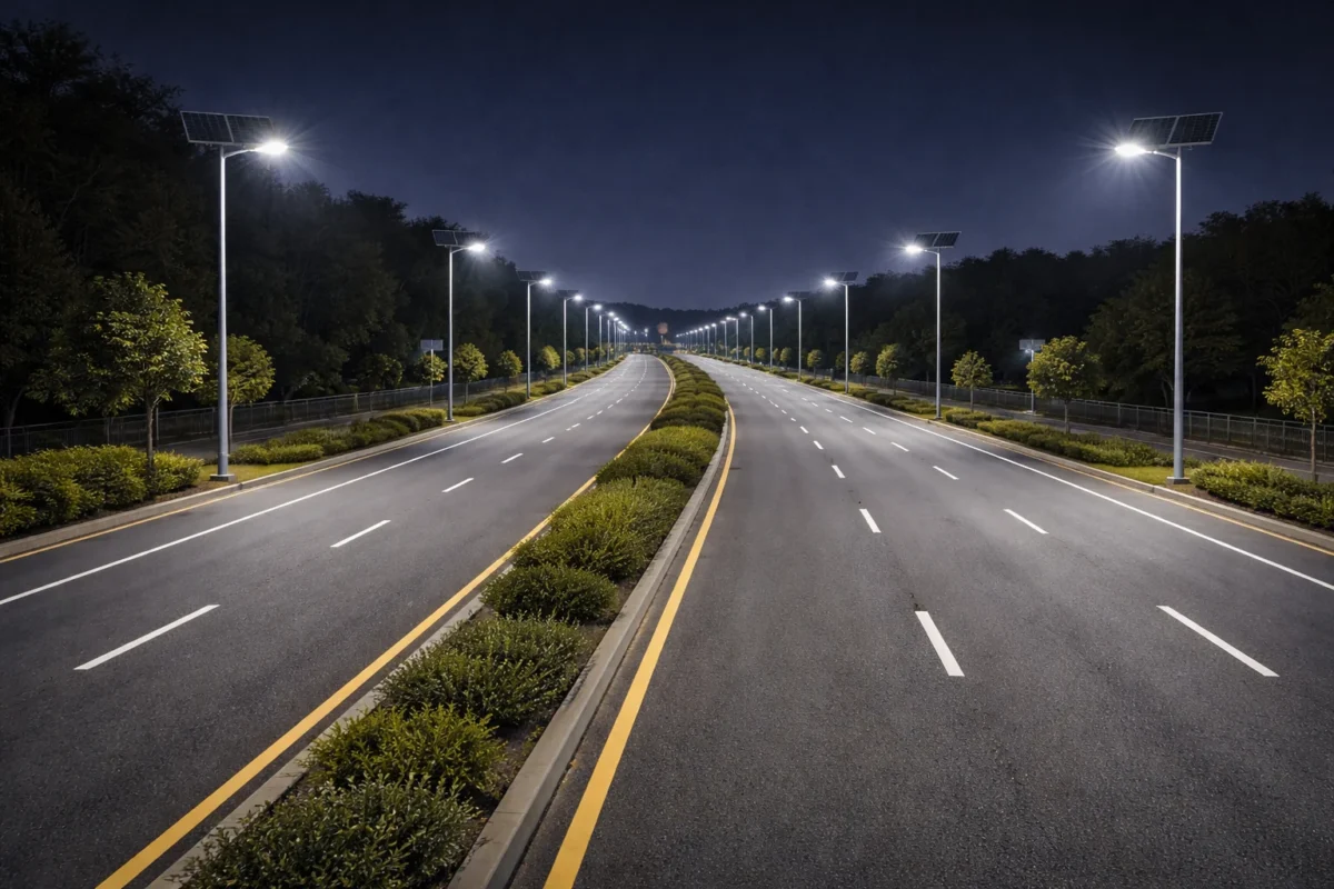 Multilane municipal highway lit by Lumin Solar Solutions commercial solar street lights with uniform light distribution at night.