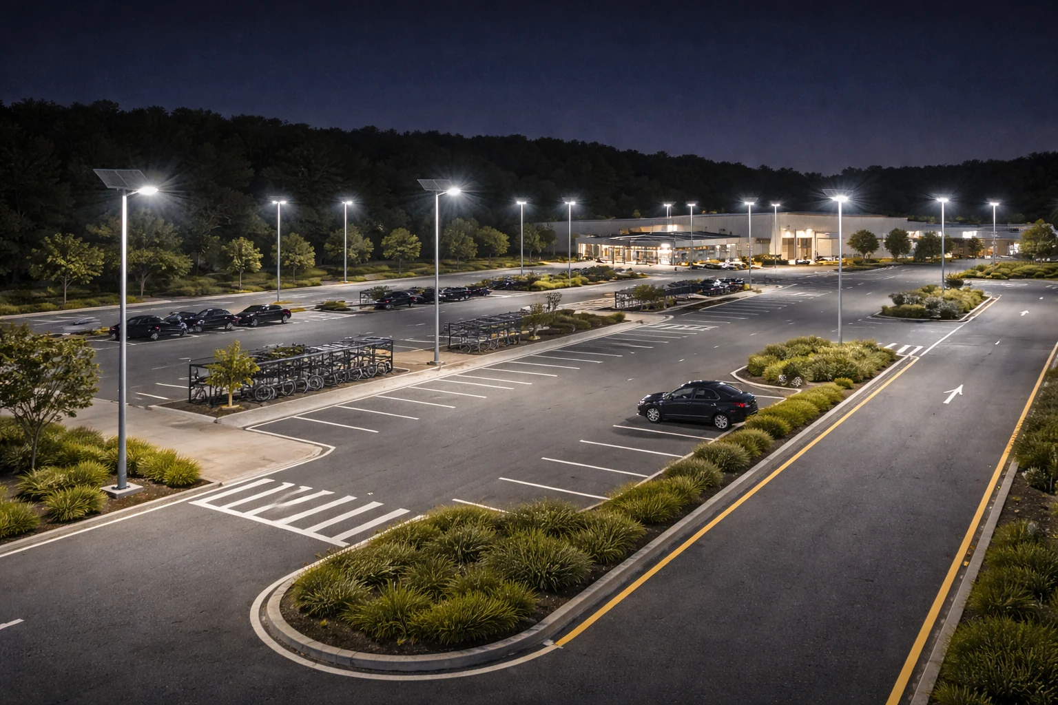 Commercial parking lot and public transportation hub illuminated at night by Lumin Solar Solutions high-mast solar flood lights.