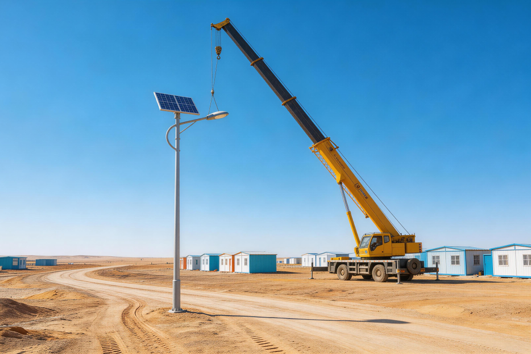 Kenya Eldoret Municipal Smart Solar Street Lighting Project Construction crane deploying integrated solar street lights along a major municipal road corridor in Eldoret, Kenya.
