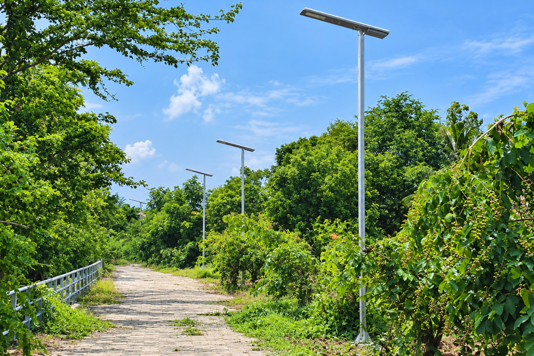 Thailand Main Street NV Series Solar LED Street Light Daytime Installation NV Series off-grid solar street lights installed on tall steel poles along a paved tropical road in Thailand under a clear blue sky.